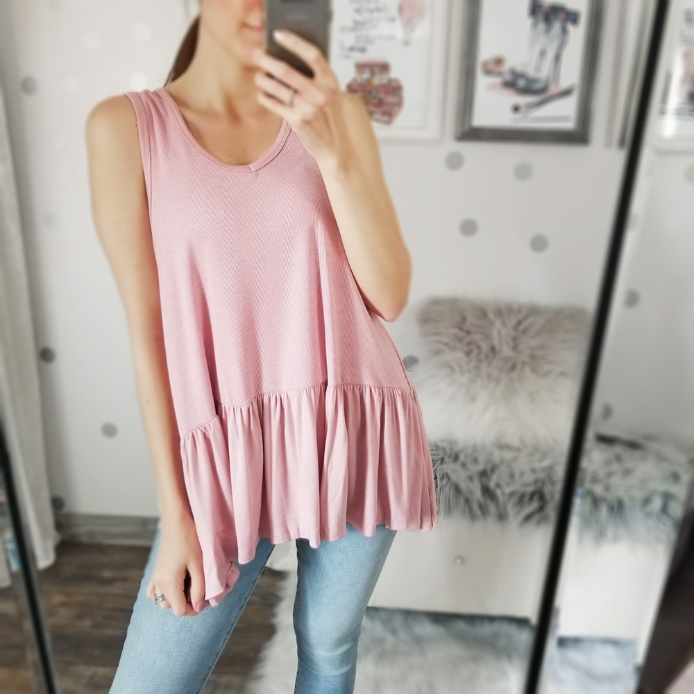 Rose Pink Spring Top Ruffle Rib Knit Layering Tank Top Summer Tops - Picture 4 of 9